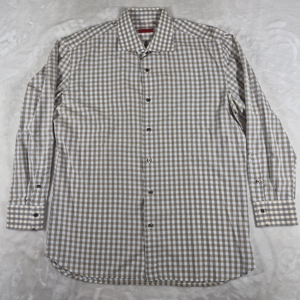 Isaia Napoli Dress Shirt Men's 18‎ / 45 Beige Gray Check Formal Made In Italy